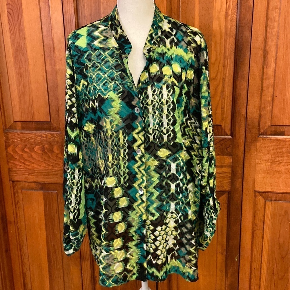 Ruby Rd V-Neck Button Down Art Deco Adjustable Sleeve Length Blouse EUC SZ 24W